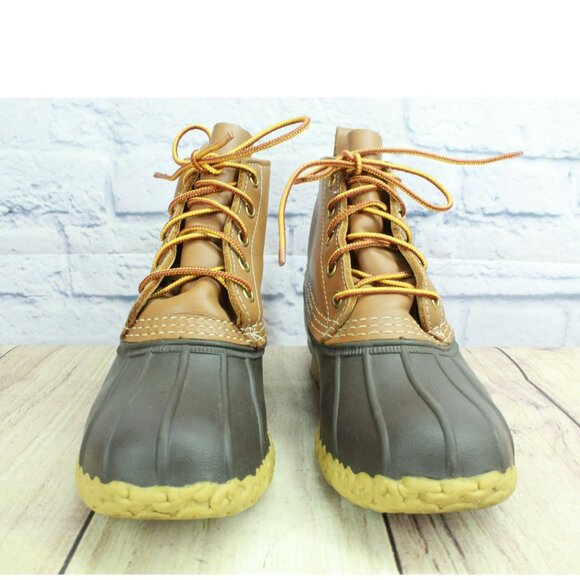 LL Bean Ankle Duck Boots Brown Leather Lace Up Unlined Round Toe Size 6 M - Picture 4 of 10